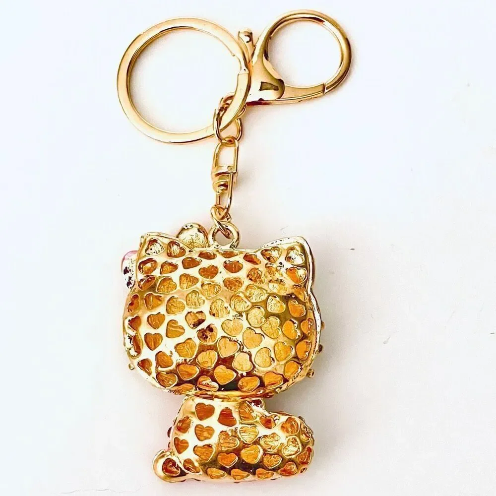 NWT Gorgeous Hello Kitty Gold Pink White Rhinestones Key holder Keyring Keychain